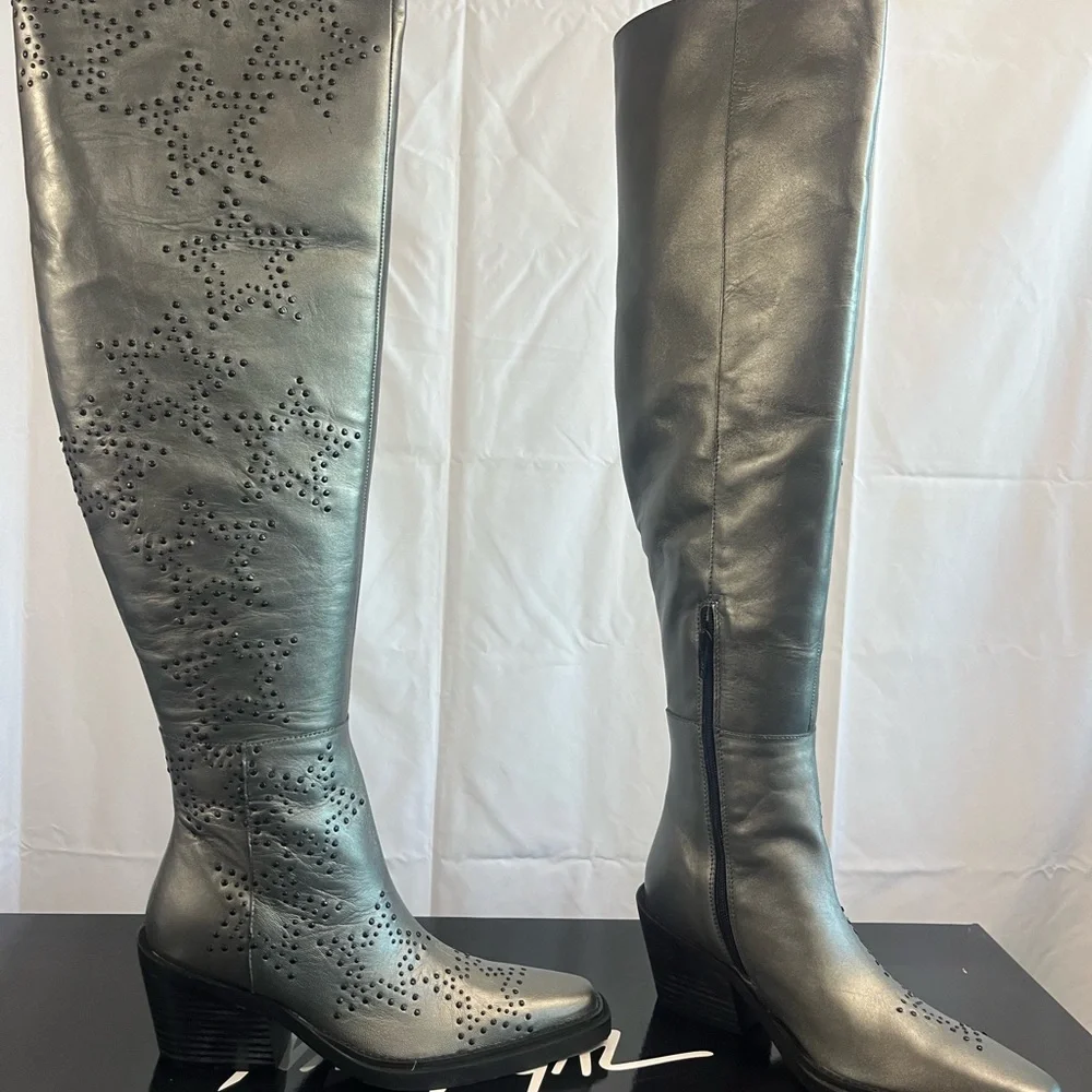 NASTY GAL, Genuine Leather, Gun Metal, Star studded Over the knee high Boots - Picture 6 of 14